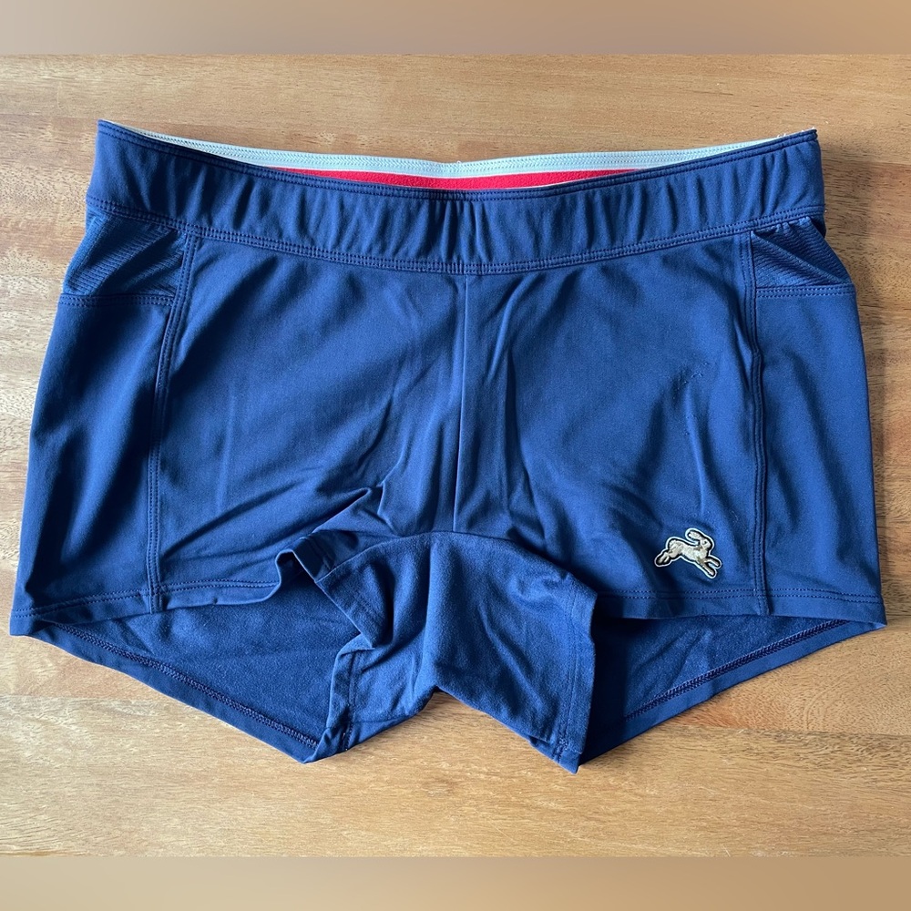 Tracksmith Women's Navy Shorts with Red and White Waistband